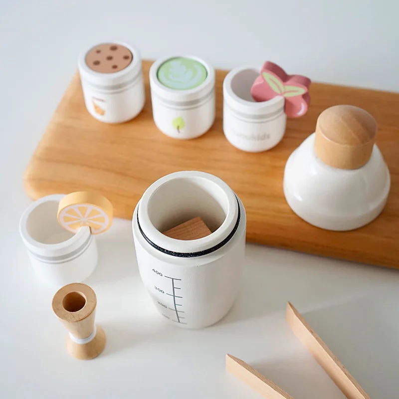 Children Pretend Play Kitchen Toy Wooden Simulation Milk Tea Set Children Role Play Game for Girls Boys Imitation Game Education