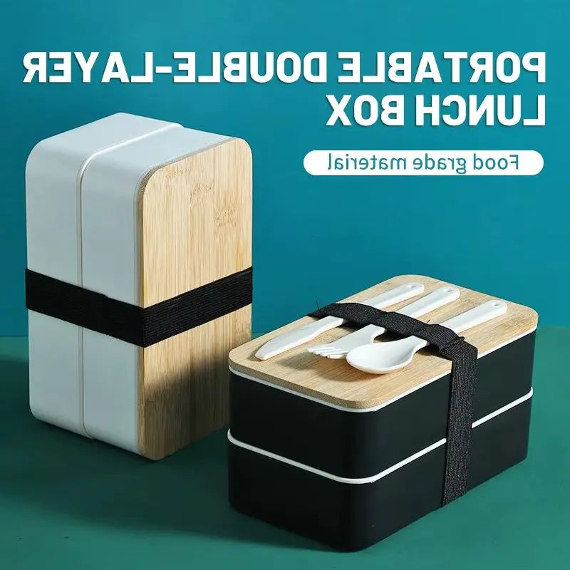 Minimalist Japanese Style Bento Box Double-layer Lunch Box with Cutlery Divided Student Lunchbox Set - Knife Fork Spoon Included