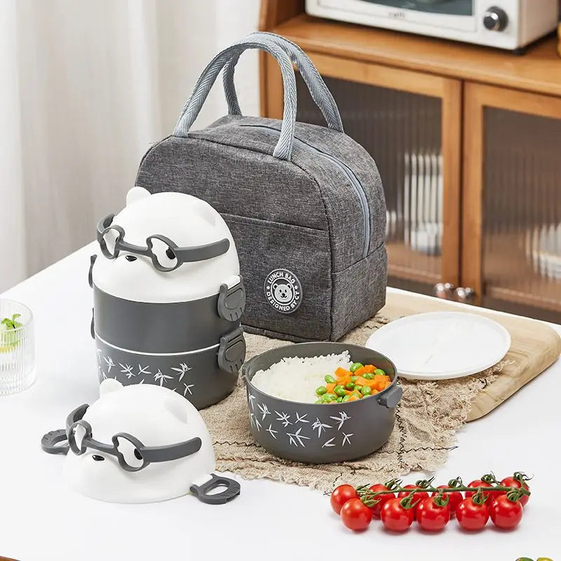 Stackable Bento Box Portable Cute Cartoon Children Lunch Box Double Layer Food Storage Container Eyeglass Bear Thermal Bento Box
