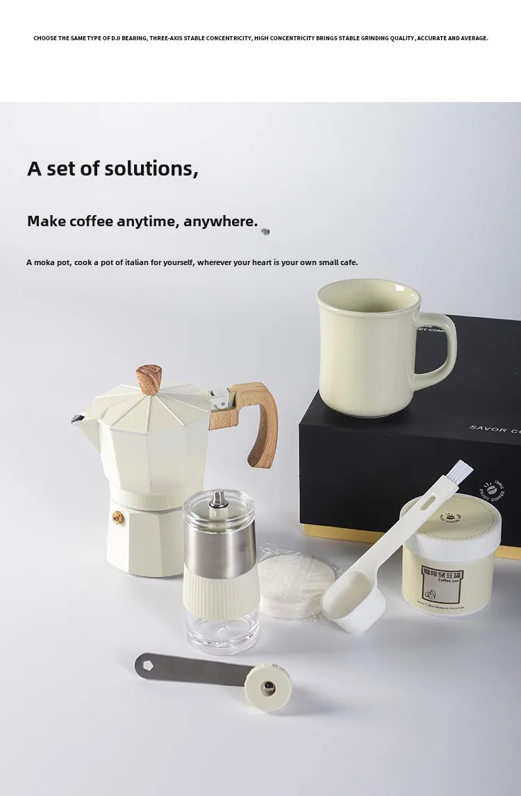 Hand Grinder Coffee Maker Set,Hand Grinder Set Gift Box,Moka Pot 6 Piece Set,with Cup,bean Bin,filter Paper and Bean Brush Spoon