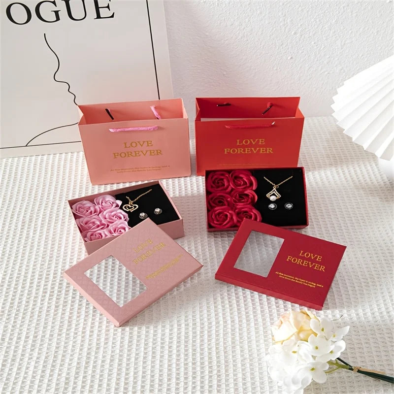 Valentine's Day Gift Set: 6 Roses + Window Box + Tote Bag (Necklace not included). Perfect for Valentine's Day and Anniversary.
