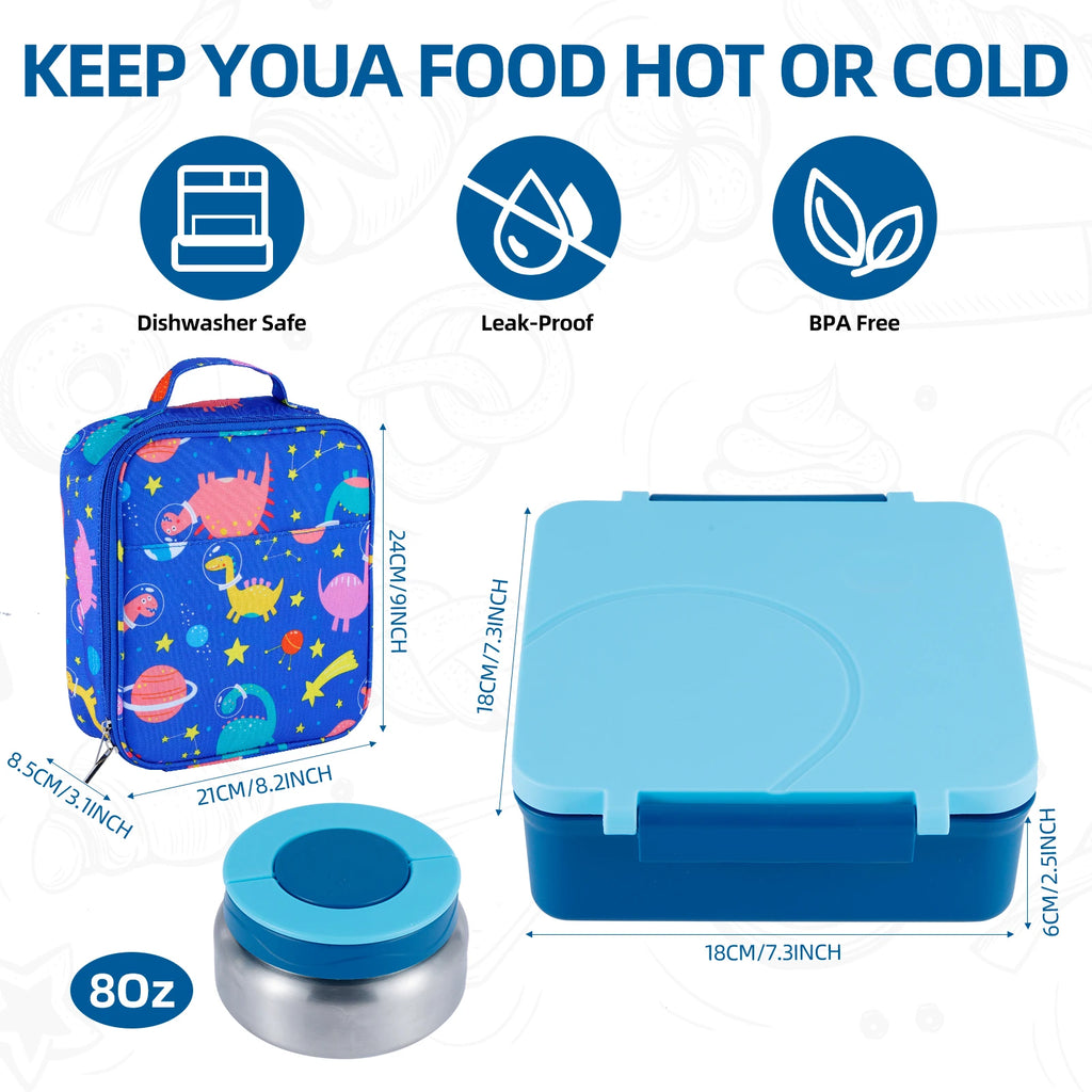 Bento Lunch Box Set for Kids with 8oz Soup Thermo, Leak-Proof Lunch Containers with 4 Compartment, Kids Thermo Hot Food Jar and
