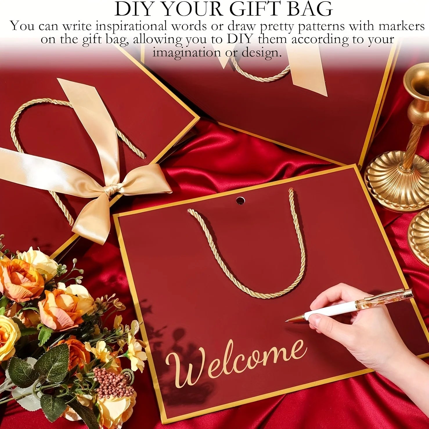10pcs Set (5 Burgundy Gift Bags + 5 Ribbons with Handles) - Thank You Gift Bags,Paper Welcome Bags with Bow Ribbons for Weddings