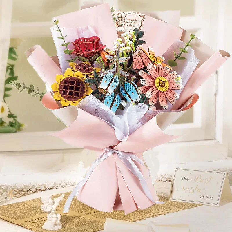 Diy Wooden Flower/Assembled Bouquet Set Handmade Gift Puzzle Bouquet Assembly Toy Valentine'S Day Gift For Girlfriend Boyfriend