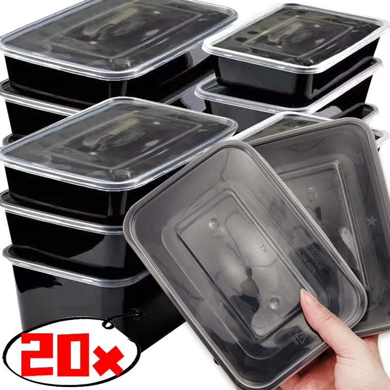20-10Pcs Disposable Bento Box Kitchen Fridge Storage Box with Lids Black Food Containers Leakproof Lunch Box for Salad Sandwich