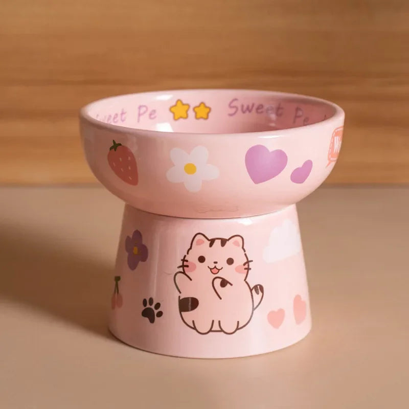 Cat Bowl Ceramic High-Footed Neck Protection Pet Feeders Cute Cartoon Bowls