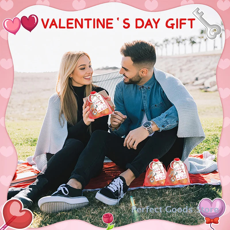 18 Sets Valentine's Day Gifts Includes Heart Shaped Keychain With Label Tags Organza Bags For Students Classroom Exchange Gifts
