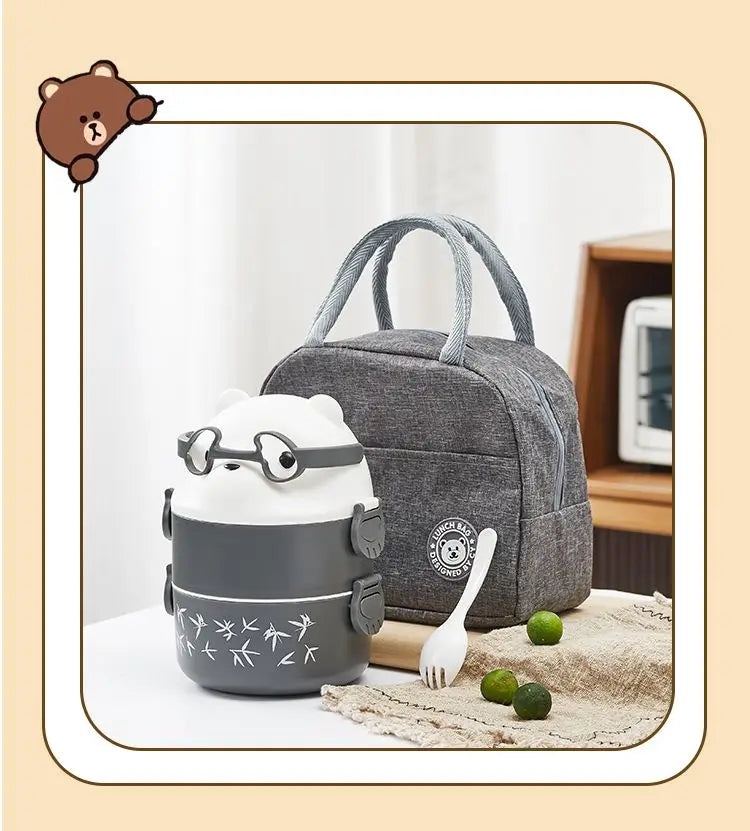 Stackable Bento Box Portable Cute Cartoon Children Lunch Box Double Layer Food Storage Container Eyeglass Bear Thermal Bento Box