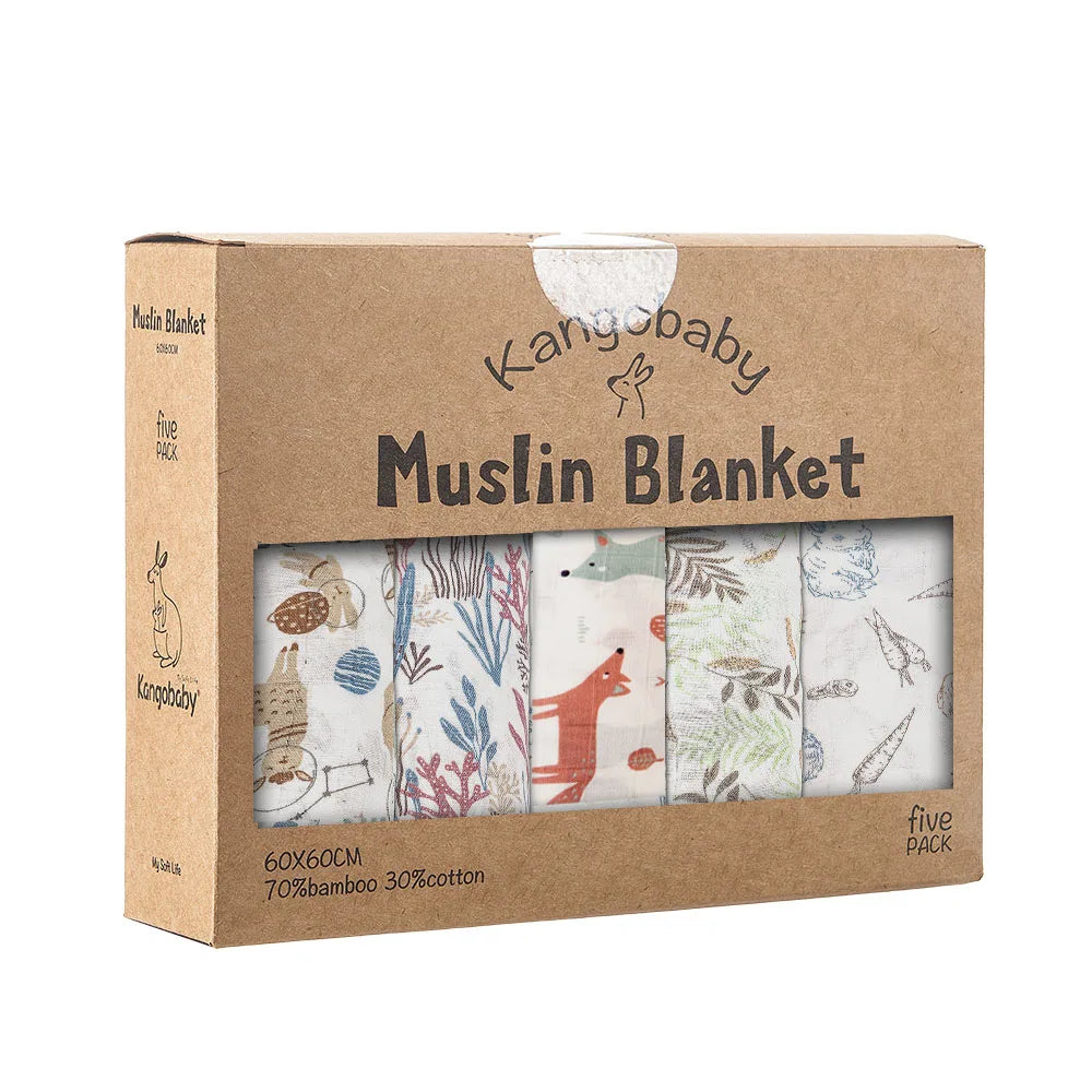 Kangobaby #My Soft Life# 5 Pieces Pack Multi-Functional Bamboo Cotton Muslin Blanket Baby Burp Cloth Set