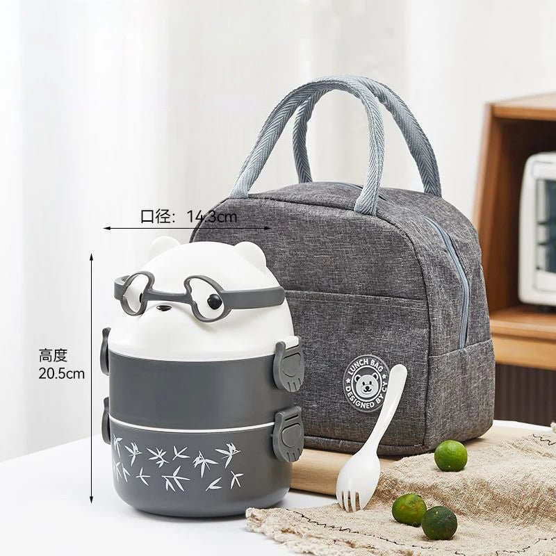 Stackable Bento Box Portable Cute Cartoon Children Lunch Box Double Layer Food Storage Container Eyeglass Bear Thermal Bento Box