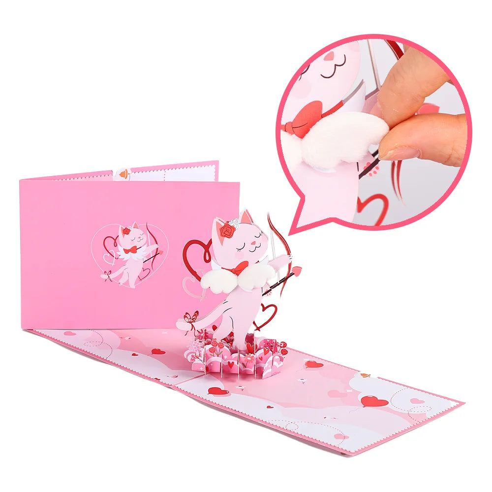 Valentines Day Greeting Card Romantic Cupid Cat Balloon Pop Up 3D Greetings Card Postcard Love Gifts For Couples Wife Lover