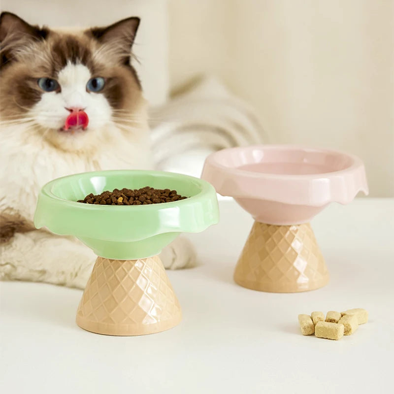 Ceramic cat bowl, pet bowl, ice cream bowl, high-legged, slanted neck protection, anti-knockover cat food bowl, drinking water