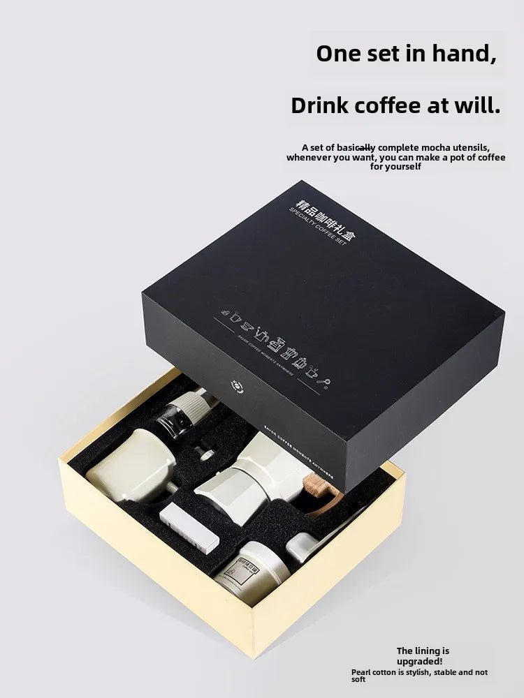 Hand Grinder Coffee Maker Set,Hand Grinder Set Gift Box,Moka Pot 6 Piece Set,with Cup,bean Bin,filter Paper and Bean Brush Spoon