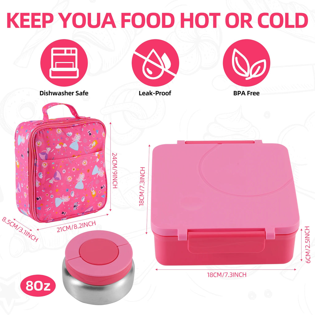 Bento Lunch Box Set for Kids with 8oz Soup Thermo, Leak-Proof Lunch Containers with 4 Compartment, Kids Thermo Hot Food Jar and