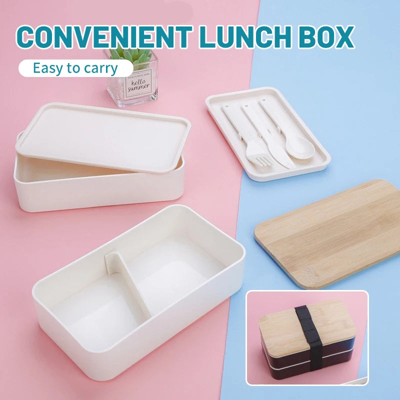 Minimalist Japanese Style Bento Box Double-layer Lunch Box with Cutlery Divided Student Lunchbox Set - Knife Fork Spoon Included