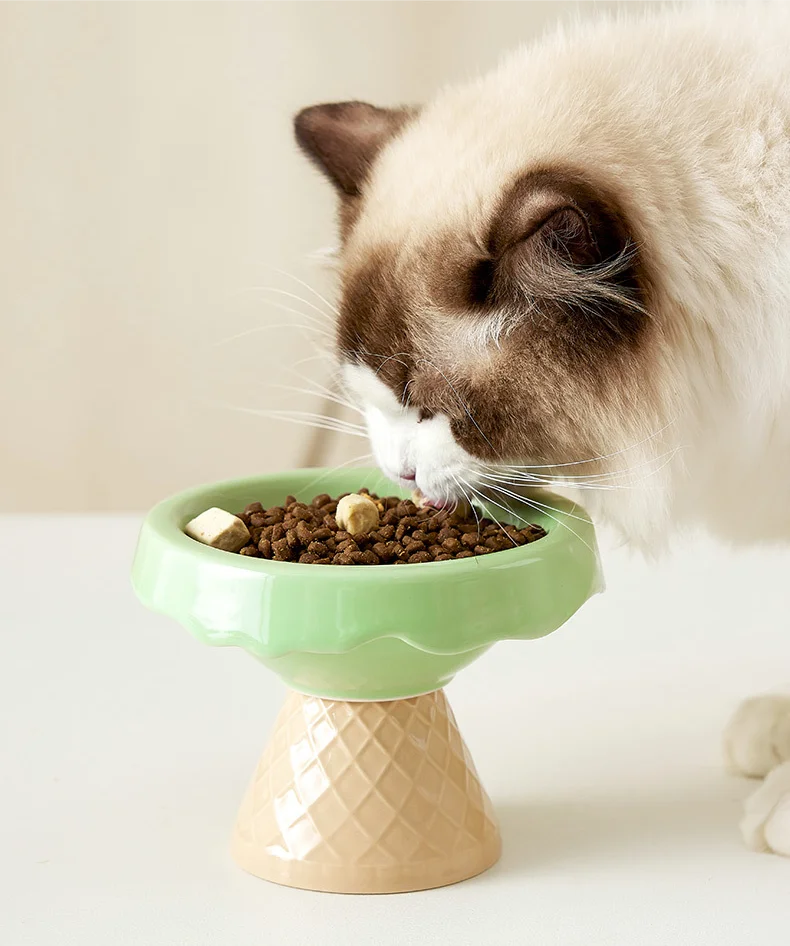Ceramic cat bowl, pet bowl, ice cream bowl, high-legged, slanted neck protection, anti-knockover cat food bowl, drinking water