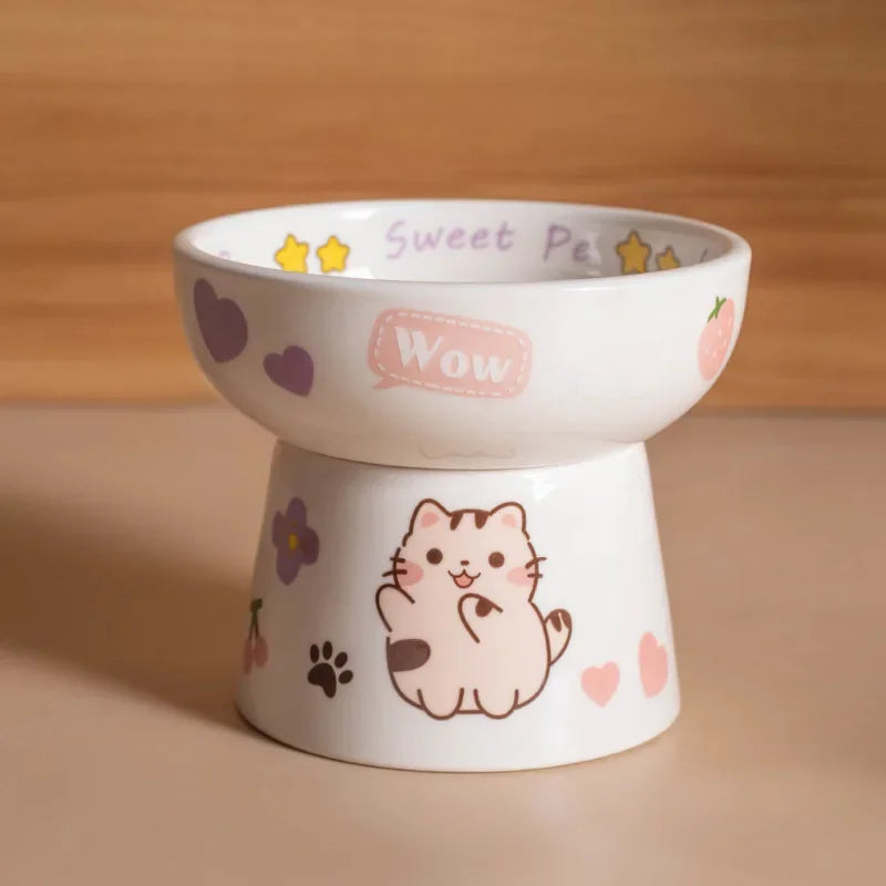 Cat Bowl Ceramic High-Footed Neck Protection Pet Feeders Cute Cartoon Bowls