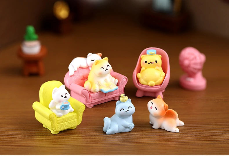 Daily Life Of Cat Statue Figurine Animal Model Cute Cat Small Sofa Furniture Decor for Room Birthday Toy for Kid Home Decoration