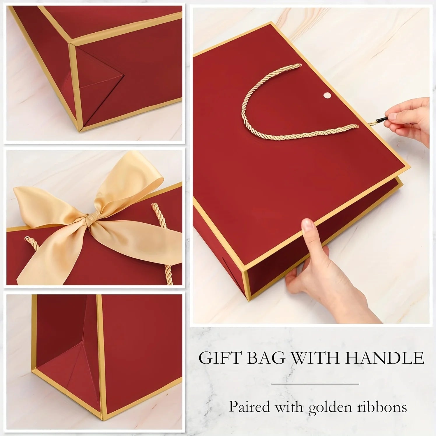 10pcs Set (5 Burgundy Gift Bags + 5 Ribbons with Handles) - Thank You Gift Bags,Paper Welcome Bags with Bow Ribbons for Weddings