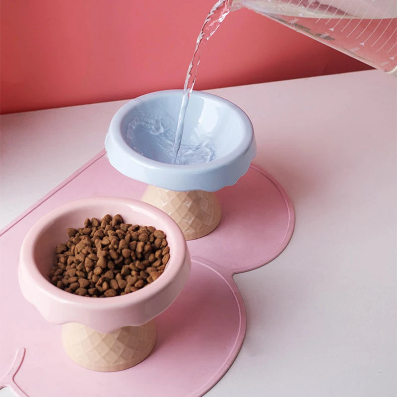 Ceramic cat bowl, pet bowl, ice cream bowl, high-legged, slanted neck protection, anti-knockover cat food bowl, drinking water