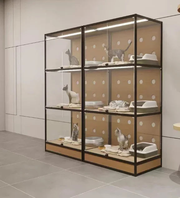 Custom Cat House 120*100*180cm White Aluminum Frame With Tempered Glass Balcony Cat Crawling Cabinet Cutting Punching Service