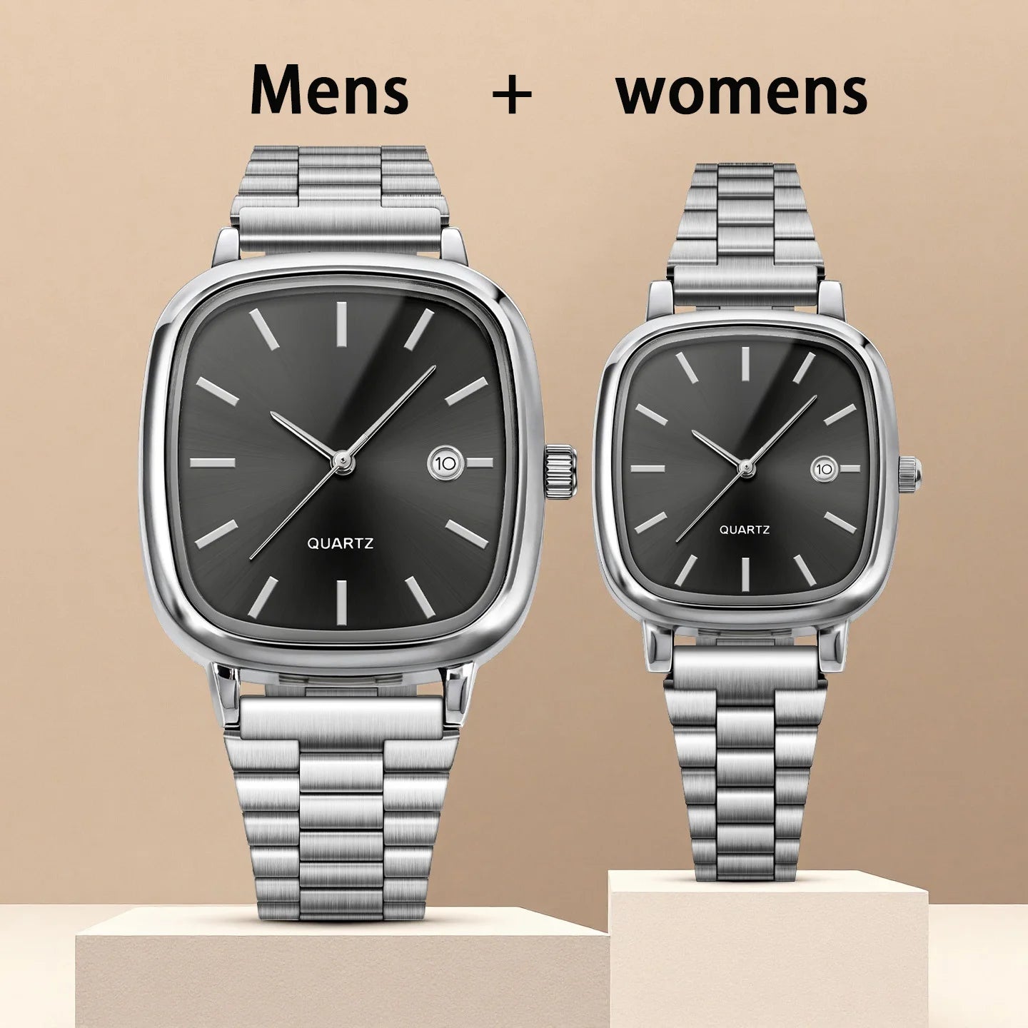 Couple watches for men and women; quartz watches with stainless steel bands and calendar; Christmas gift.