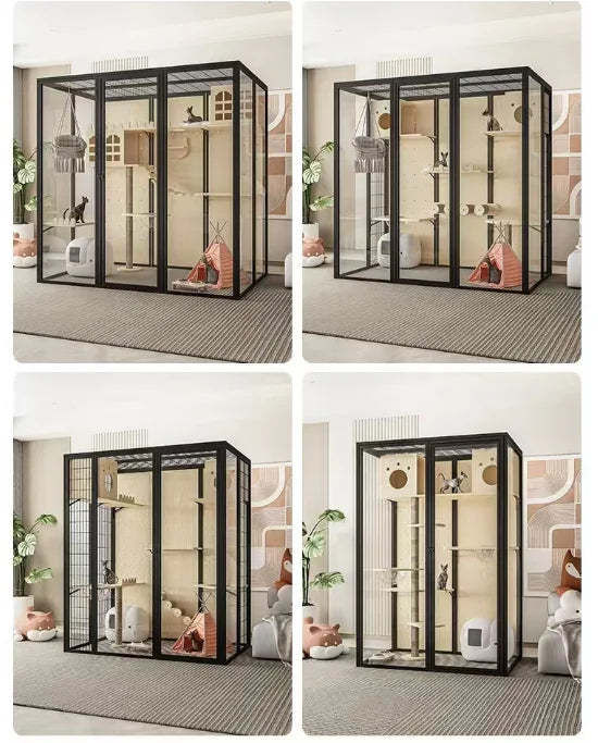 Custom Cat House 120*100*180cm White Aluminum Frame With Tempered Glass Balcony Cat Crawling Cabinet Cutting Punching Service