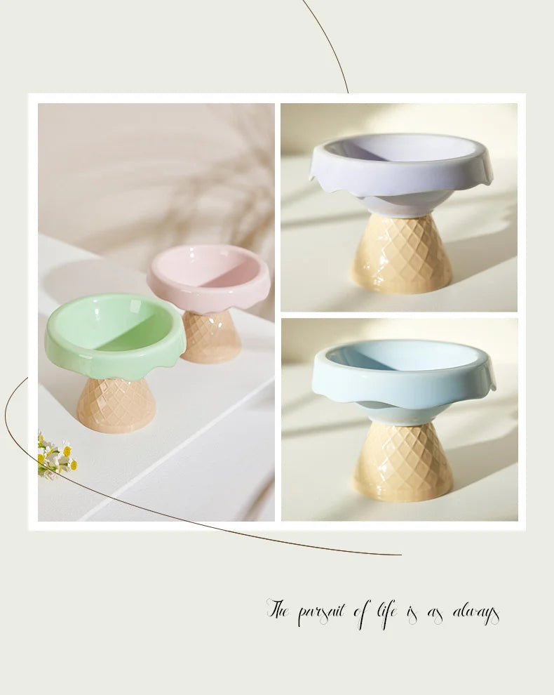 Ceramic cat bowl, pet bowl, ice cream bowl, high-legged, slanted neck protection, anti-knockover cat food bowl, drinking water