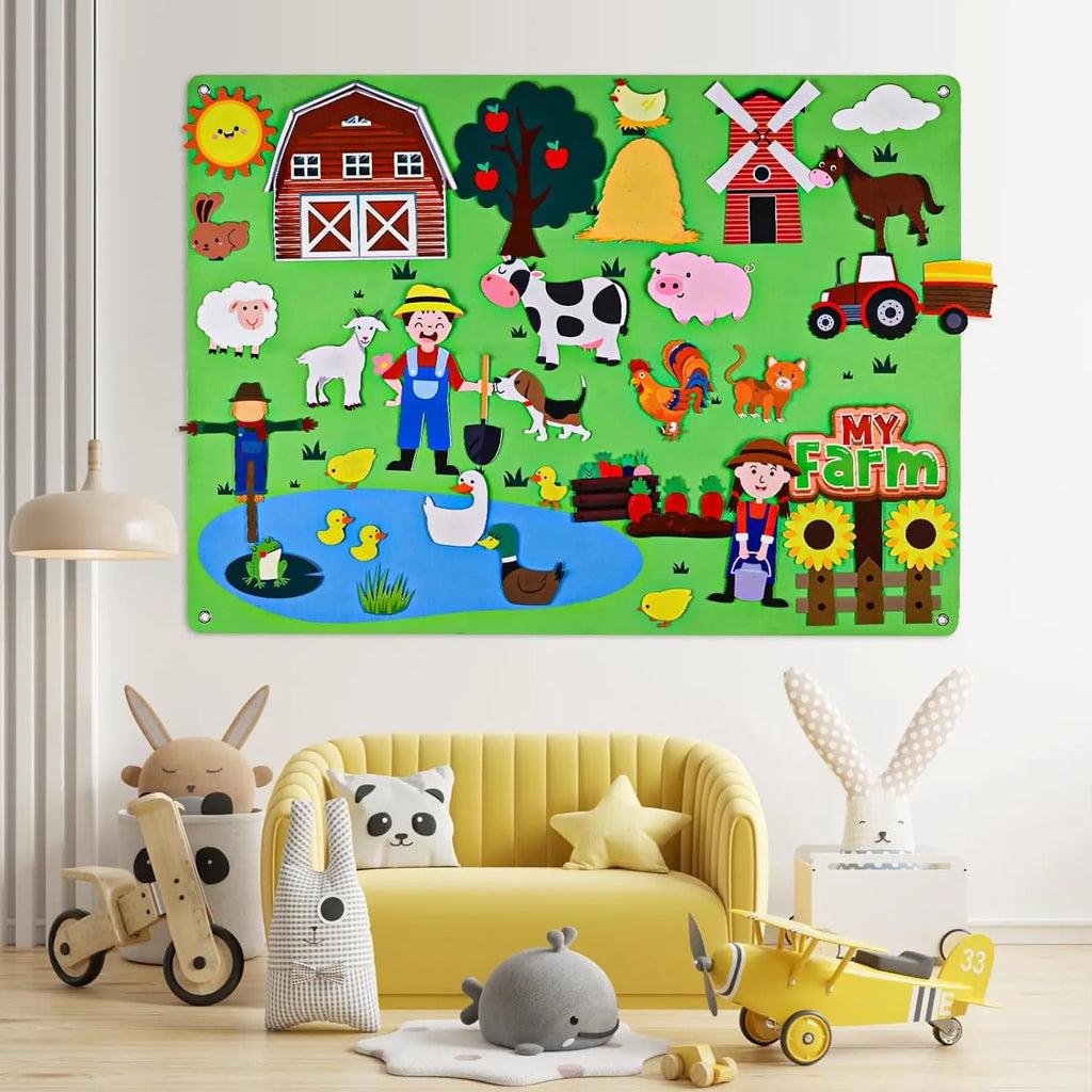Farm Animals Felt Story Busy Board 4 IN 1 Themed Storytelling Farm Sea Zoo Vehicle Early Learning Interactive Wall Hanging Gifts