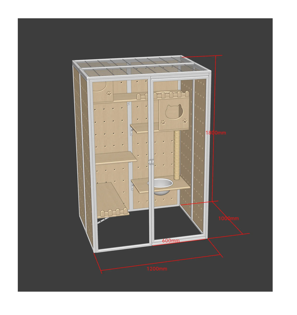 Custom Cat House 120*100*180cm White Aluminum Frame With Tempered Glass Balcony Cat Crawling Cabinet Cutting Punching Service