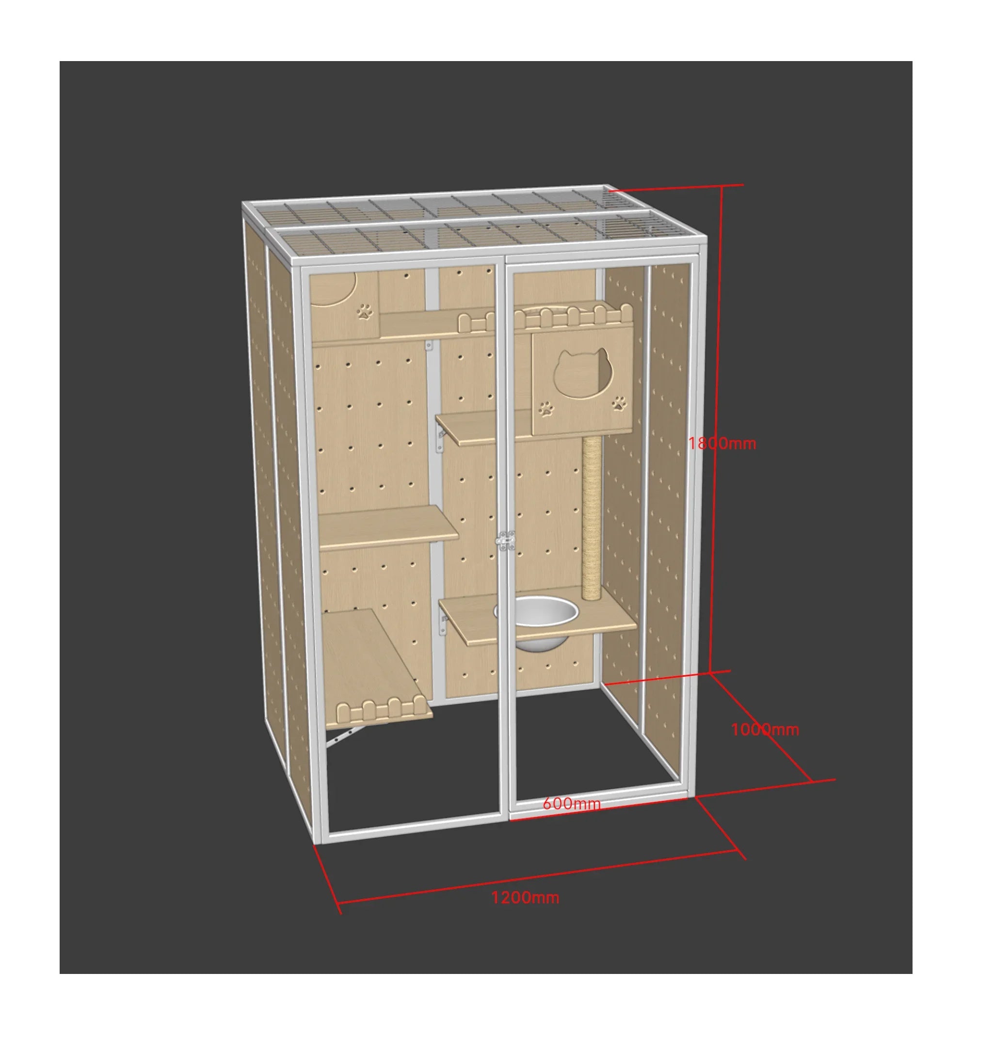 Custom Cat House 120*100*180cm White Aluminum Frame With Tempered Glass Balcony Cat Crawling Cabinet Cutting Punching Service
