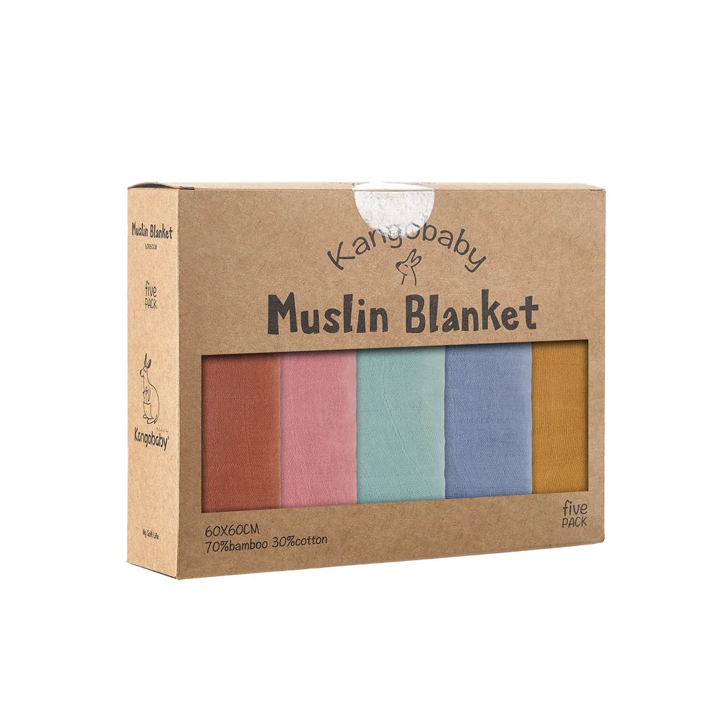 Kangobaby #My Soft Life# 5 Pieces Pack Multi-Functional Bamboo Cotton Muslin Blanket Baby Burp Cloth Set