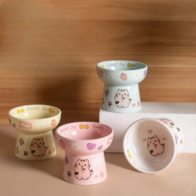 Cat Bowl Ceramic High-Footed Neck Protection Pet Feeders Cute Cartoon Bowls