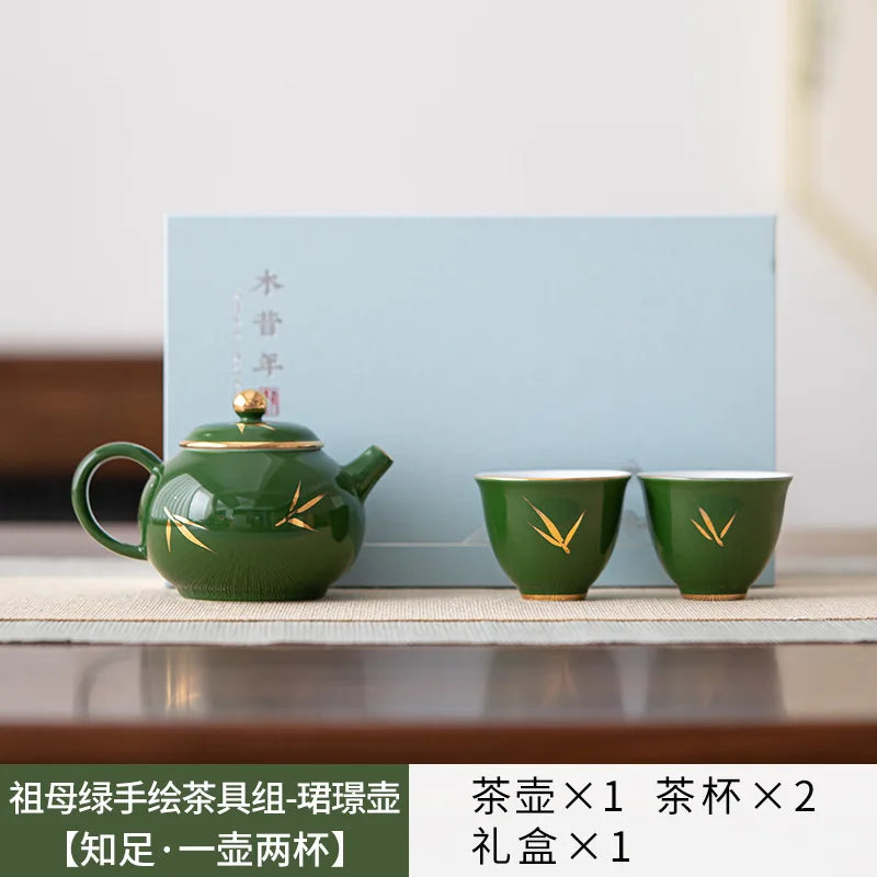 Emerald Green Ceramic Tea Set Complete Set Tea Ceremony Set Gold Stamping Lotus Teapot And Tea Cup Set Chinese Tea Set Ornaments