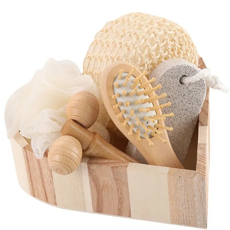 1 Set Spa Heart Shape Gift Box Bathing Skin Cleaning Kit Spa Gift For Women Sisal Bath Flower Kit Back Scrubber Gloves Massager