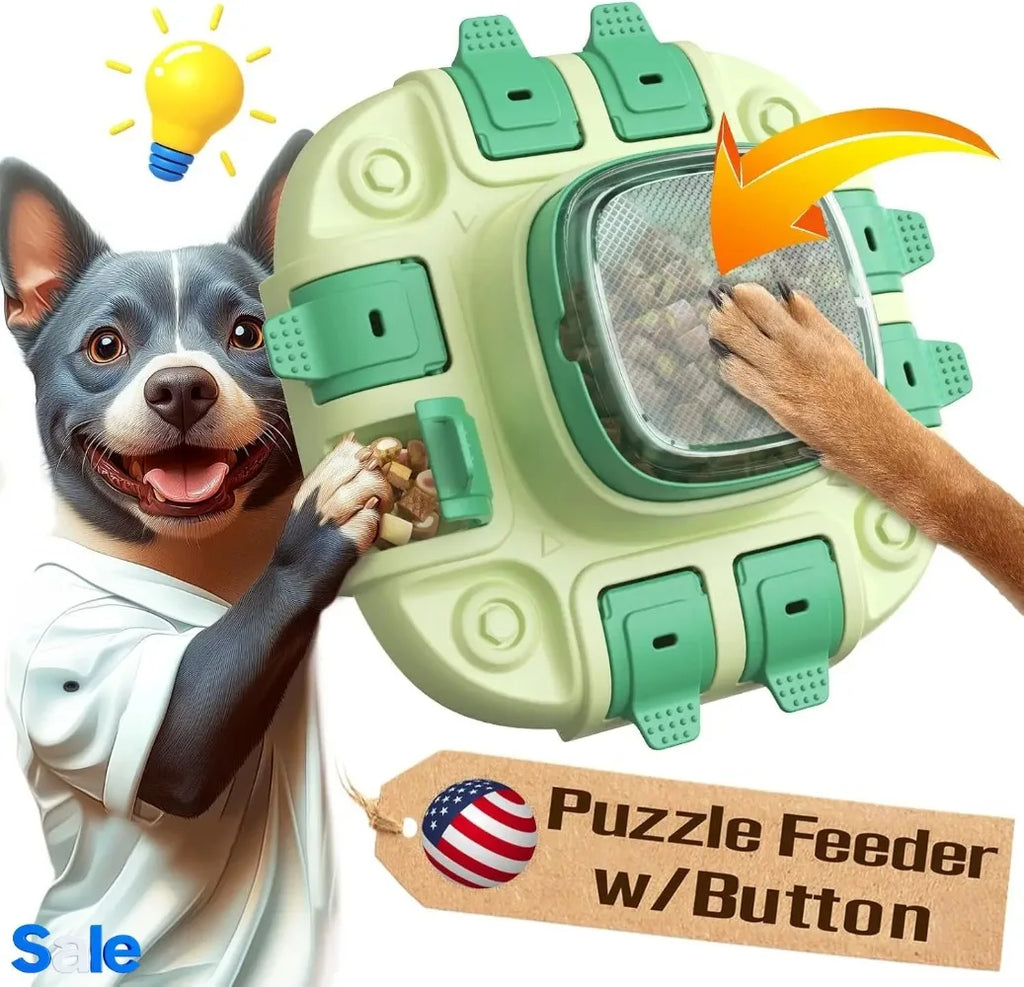 Dog educational toys, suitable for small/large dogs, slow feeder with button, 2 in 1, eliminates boredom, hidden food dog bowl