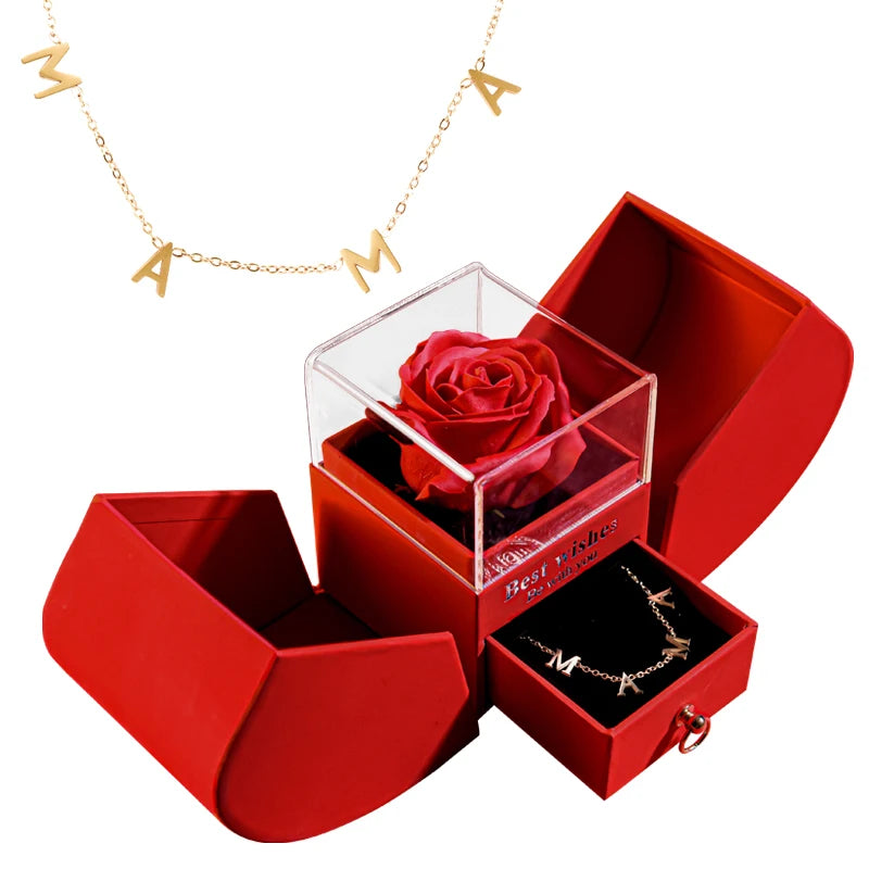 Gift for Women Eternal Rose Gift Box /w Heart Necklace I Love You To The Moon and Back Flower Jewelry Box for Valentine Wedding