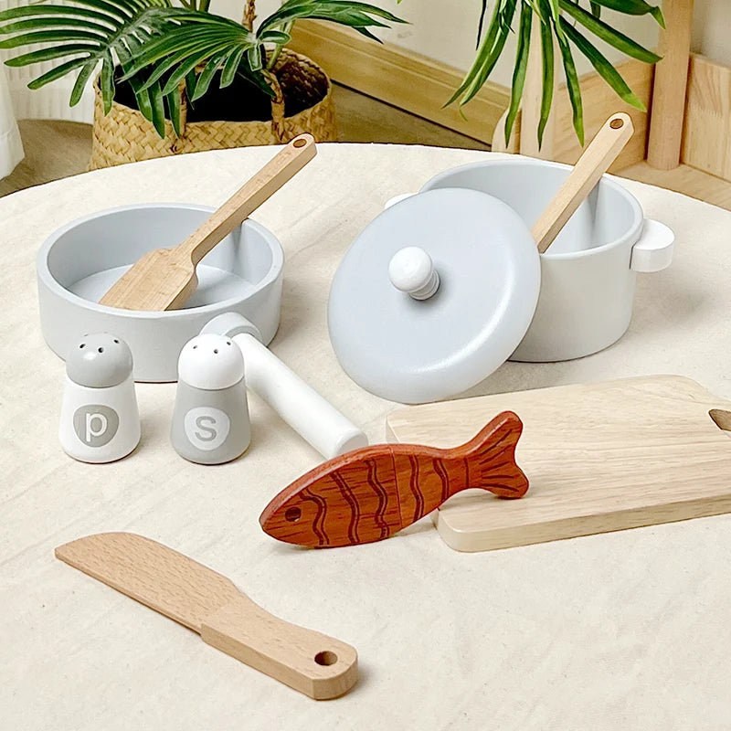 Children's simulation kitchen toys, early education educational toys, wooden simulation pots and pans, food, role-play chef