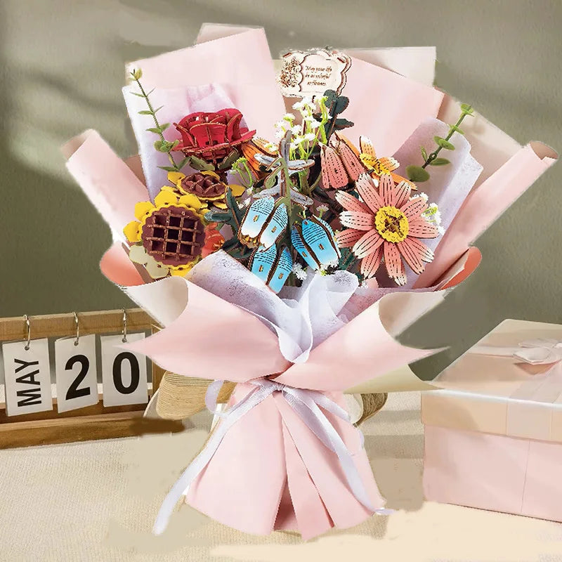 Diy Wooden Flower/Assembled Bouquet Set Handmade Gift Puzzle Bouquet Assembly Toy Valentine'S Day Gift For Girlfriend Boyfriend