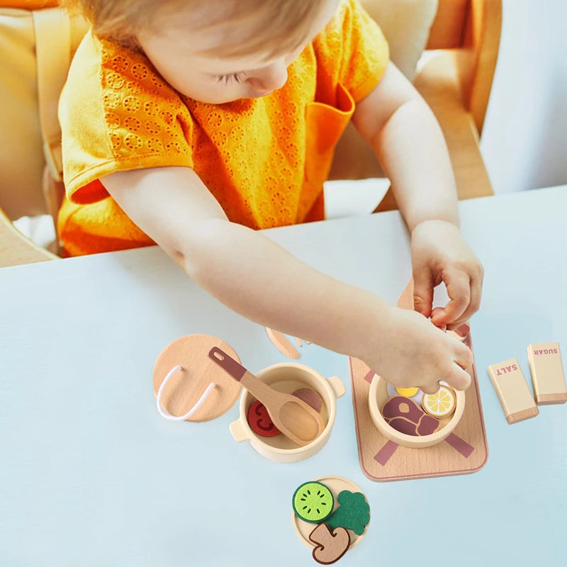 Kid Wooden Kitchen Toy Baby Play Kitchen Building Block Model Set Newborn Pretend Cooking Food Kitchen Toys Simulation Game Gift