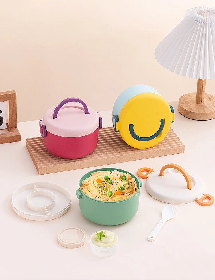 Cartoon Bento Box for Kids School Food Storage Container Microwavable Portable Picnic Basket Round Lunchbox with Handle