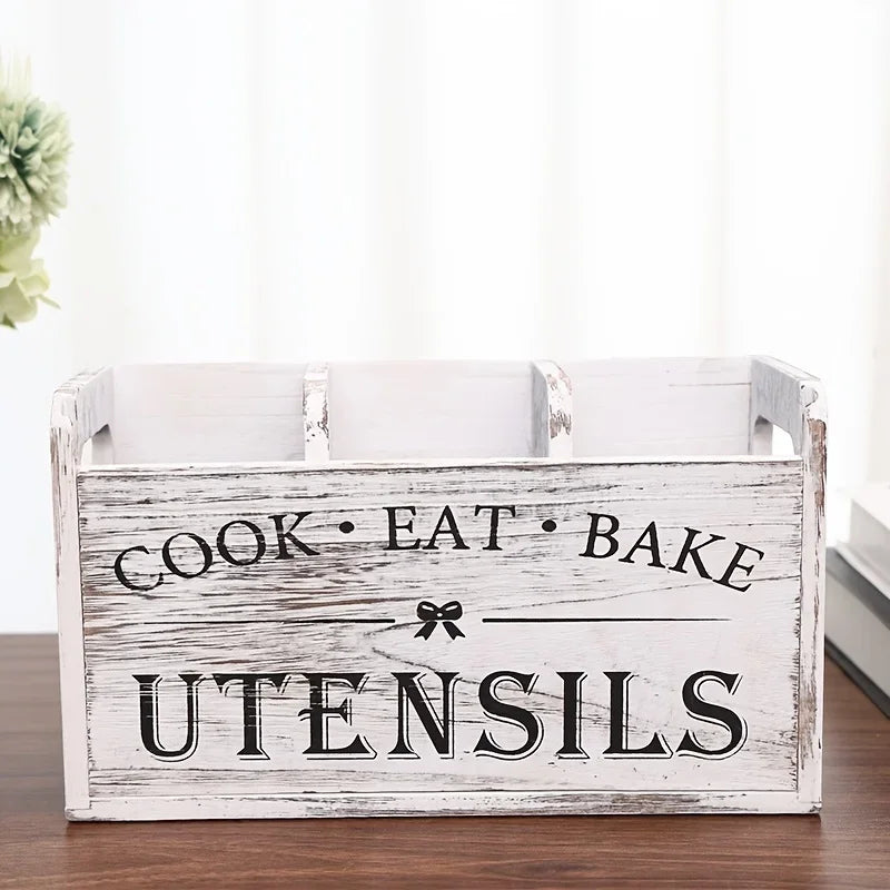 1pc Kitchen with Compartmentalized Cutlery Storage Rack, Rustic Style Wooden Countertop Organizer, Kitchenware Accessories