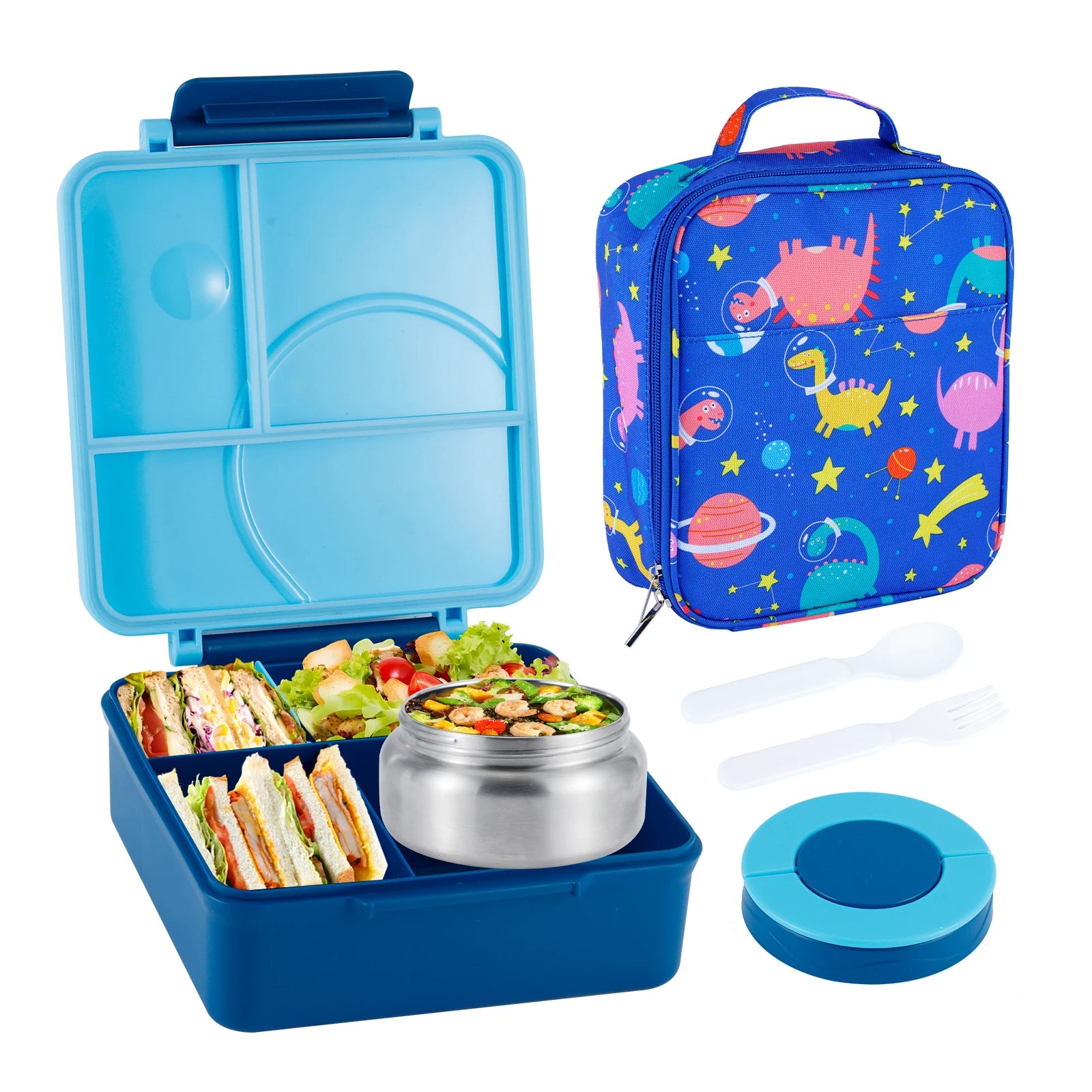 Bento Lunch Box Set for Kids with 8oz Soup Thermo, Leak-Proof Lunch Containers with 4 Compartment, Kids Thermo Hot Food Jar and