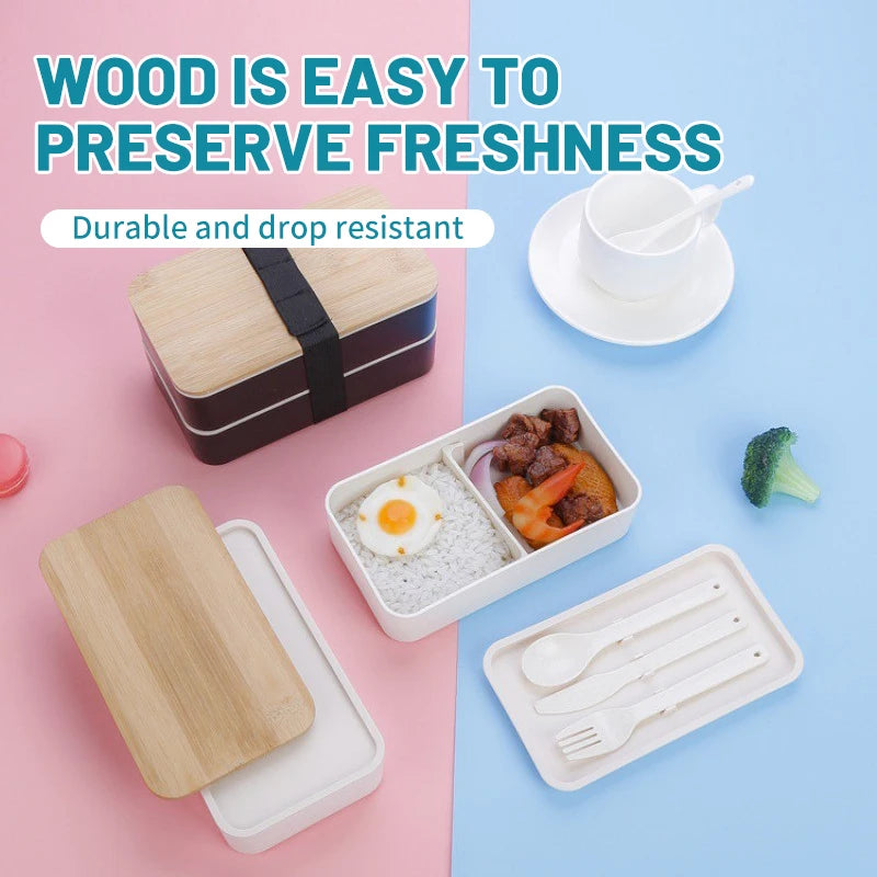 Minimalist Japanese Style Bento Box Double-layer Lunch Box with Cutlery Divided Student Lunchbox Set - Knife Fork Spoon Included