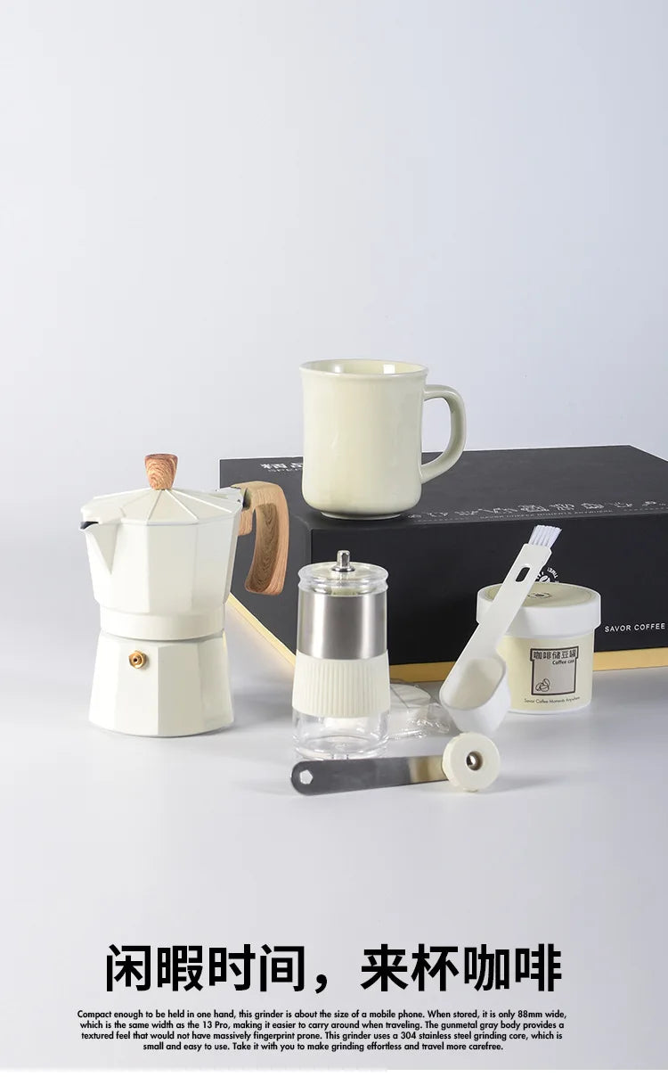 Hand Grinder Coffee Maker Set,Hand Grinder Set Gift Box,Moka Pot 6 Piece Set,with Cup,bean Bin,filter Paper and Bean Brush Spoon