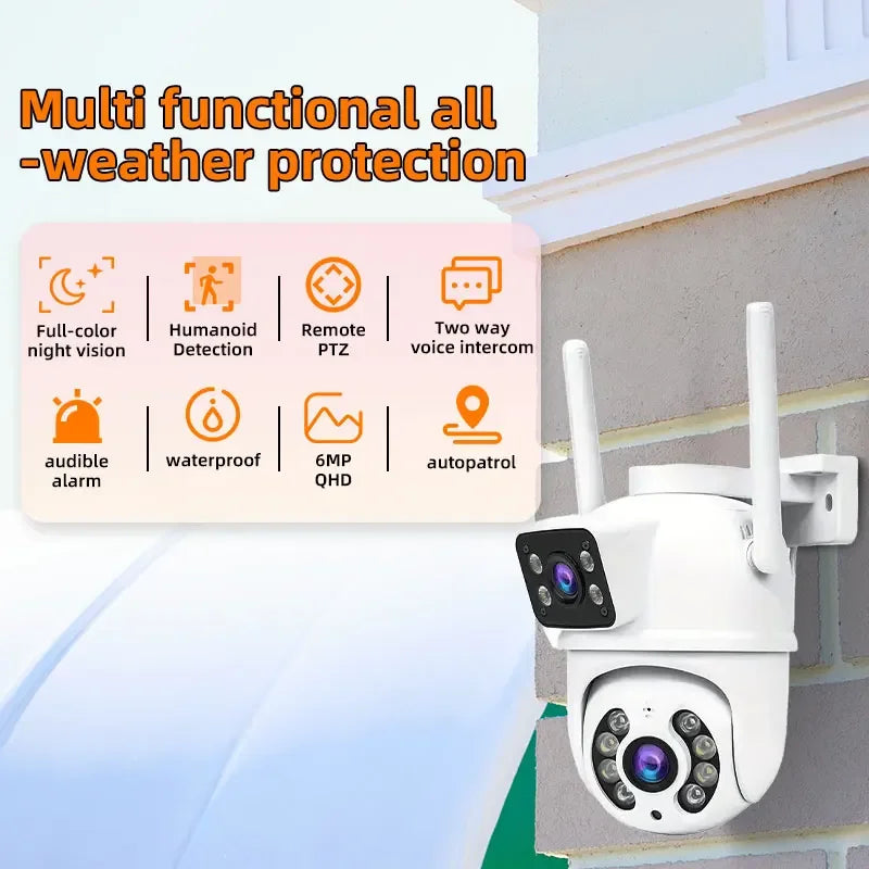 WiFi Security Camera 6MP HD PTZ IP68 Camera Outdoor Dual Lens Dual Screen Auto Tracking Two-Way Voice Audio Video Surveillance