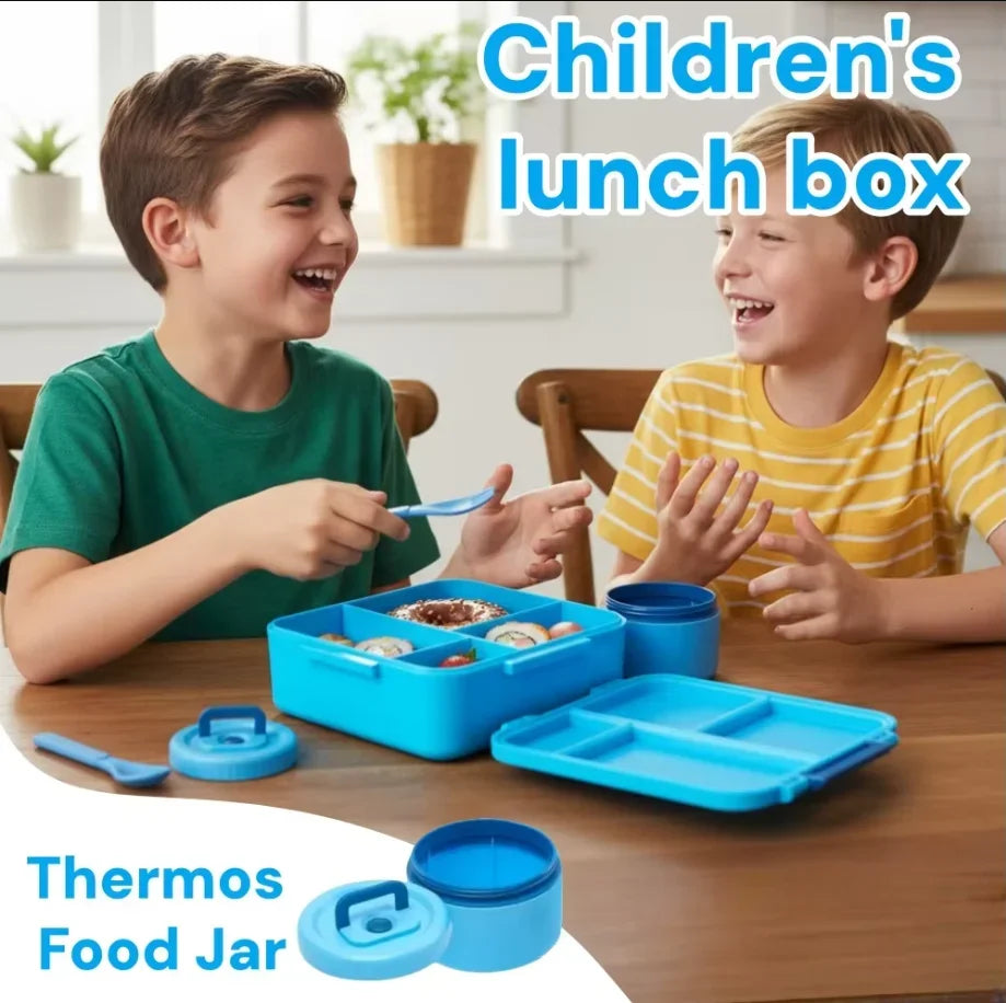 Bento Lunch Box with soup Thermo Jar, Leakproof 4 Compartment Lunch Food Containers, Thermo Insulated Hot Food Jar for School