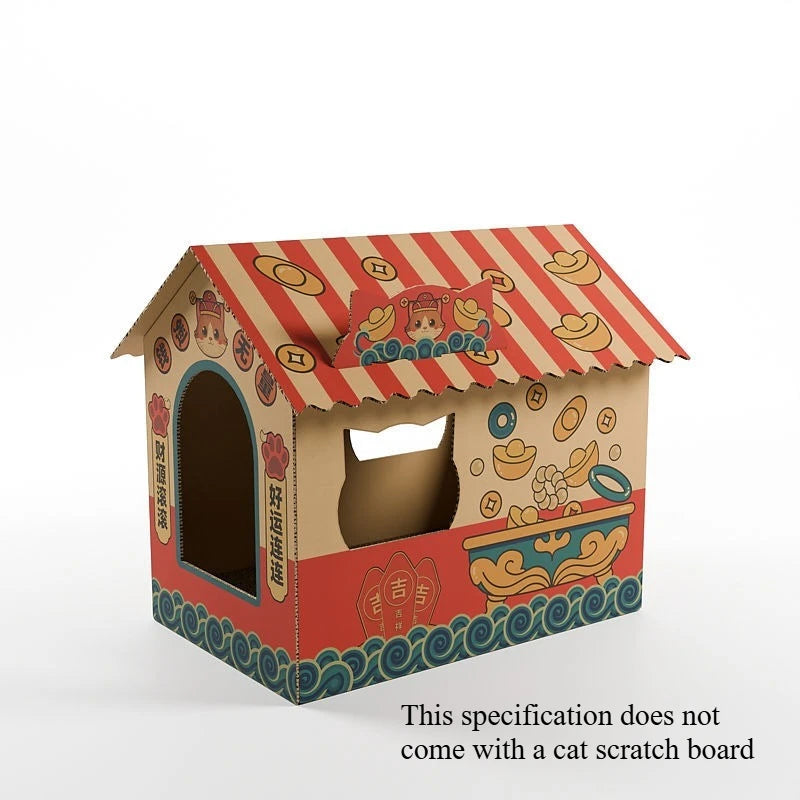 Cat House with Scratching Board, Paper Box, Household All-in-One Corrugated Large-Sized Nail File Toy, Durable Cat  Winter House