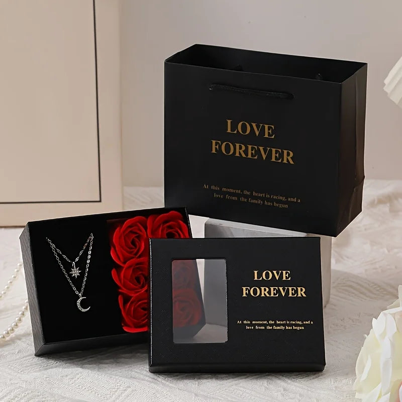 Valentine's Day Gift Set: 6 Roses + Window Box + Tote Bag (Necklace not included). Perfect for Valentine's Day and Anniversary.