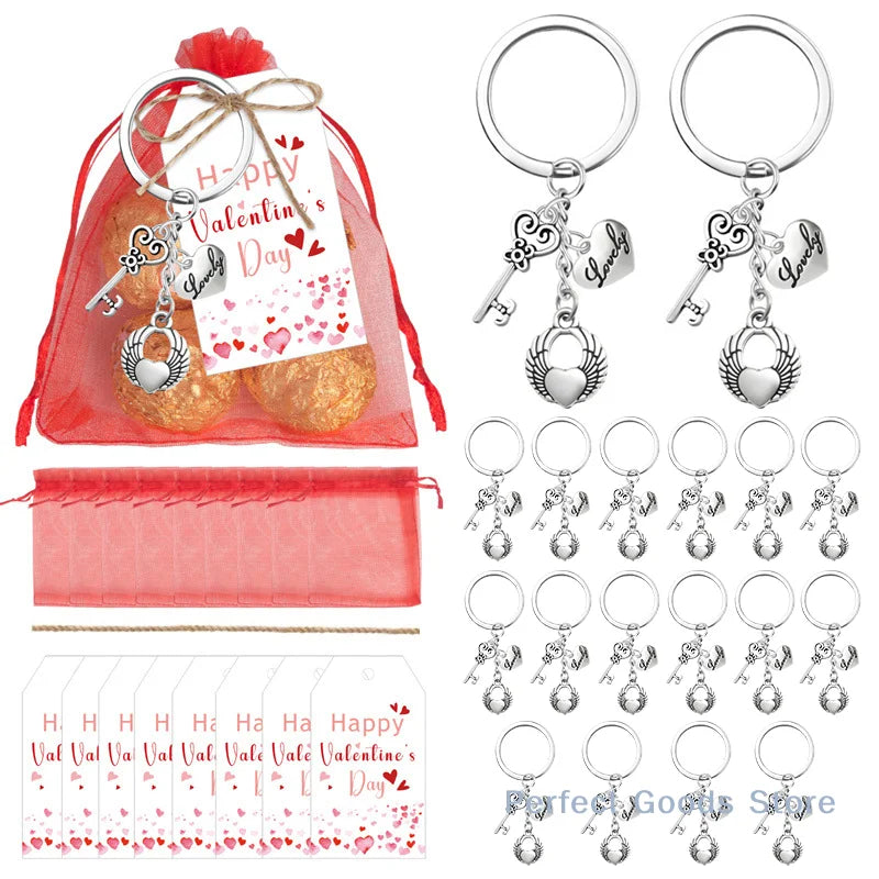 18 Sets Valentine's Day Gifts Includes Heart Shaped Keychain With Label Tags Organza Bags For Students Classroom Exchange Gifts